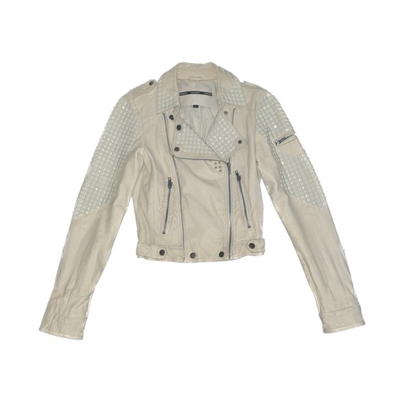 Mid 2000’s Indie Sleaze Topshop Off White Pyramid Studded Leather Jacket, size 6 - Picture 1 of 15